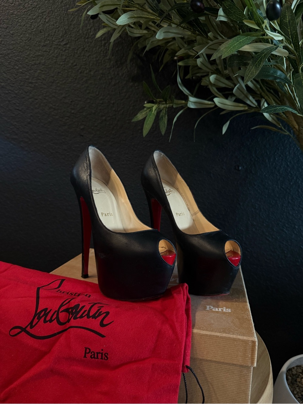 Christian Louboutin Black Leather Peep-Toe Platform Pumps with Red Soles